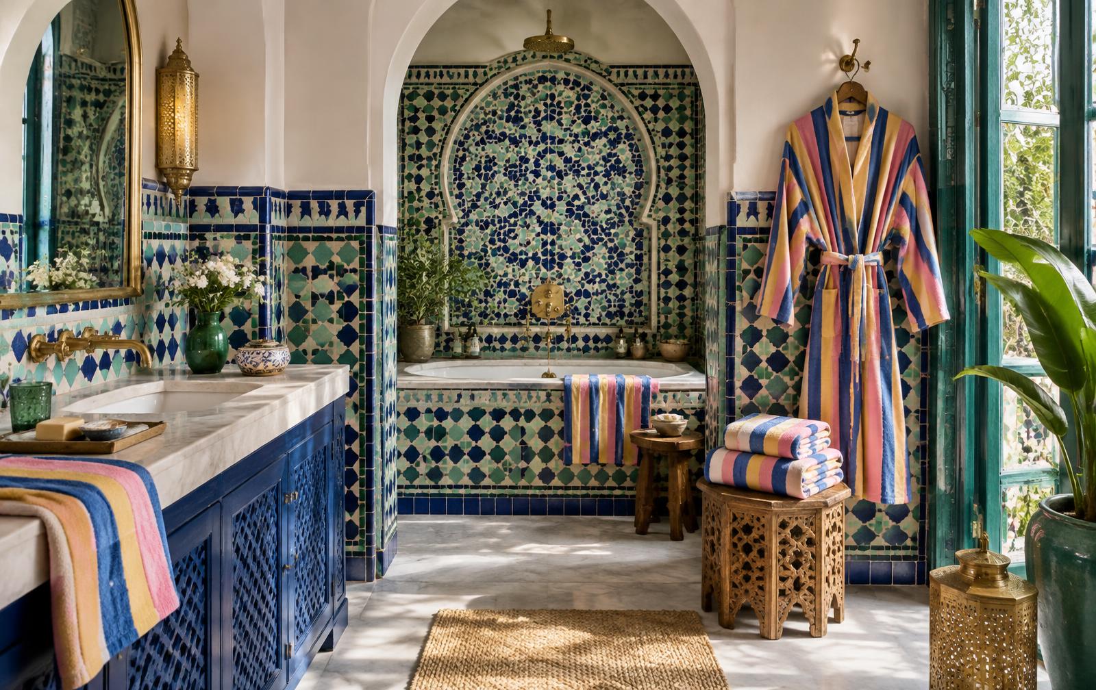 A Moroccan-style bathroom with blue and green mosaic tiles, a striped robe and matching striped towels
