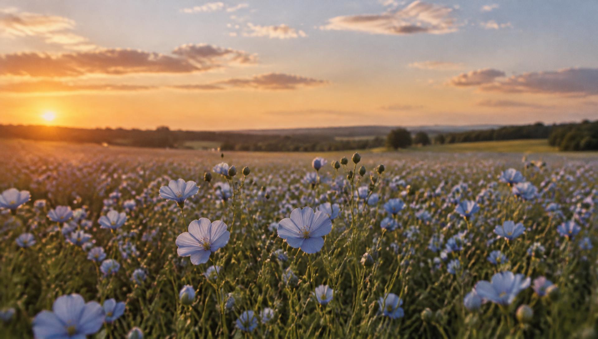 A field of flowering flax at golden hour