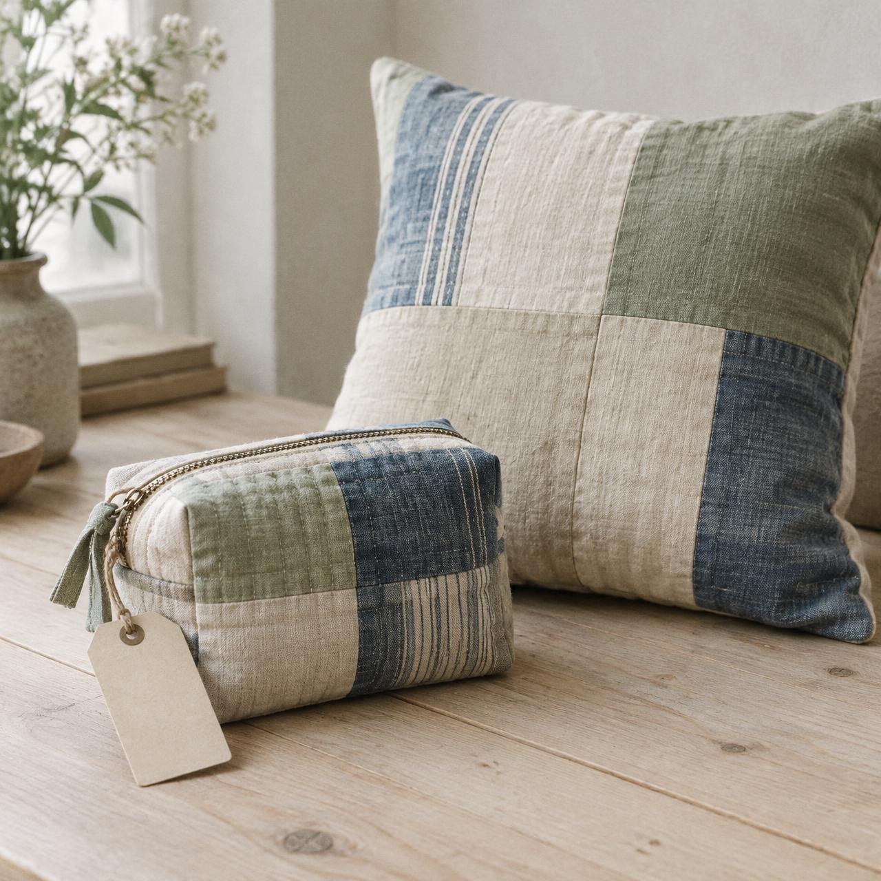 A patchwork cushion and quilted pouch made from retired linen and cotton textiles