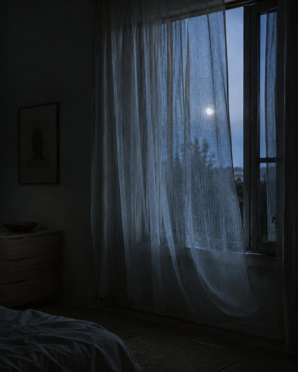 A sheer linen curtain moving at an open window in the blue light of night
