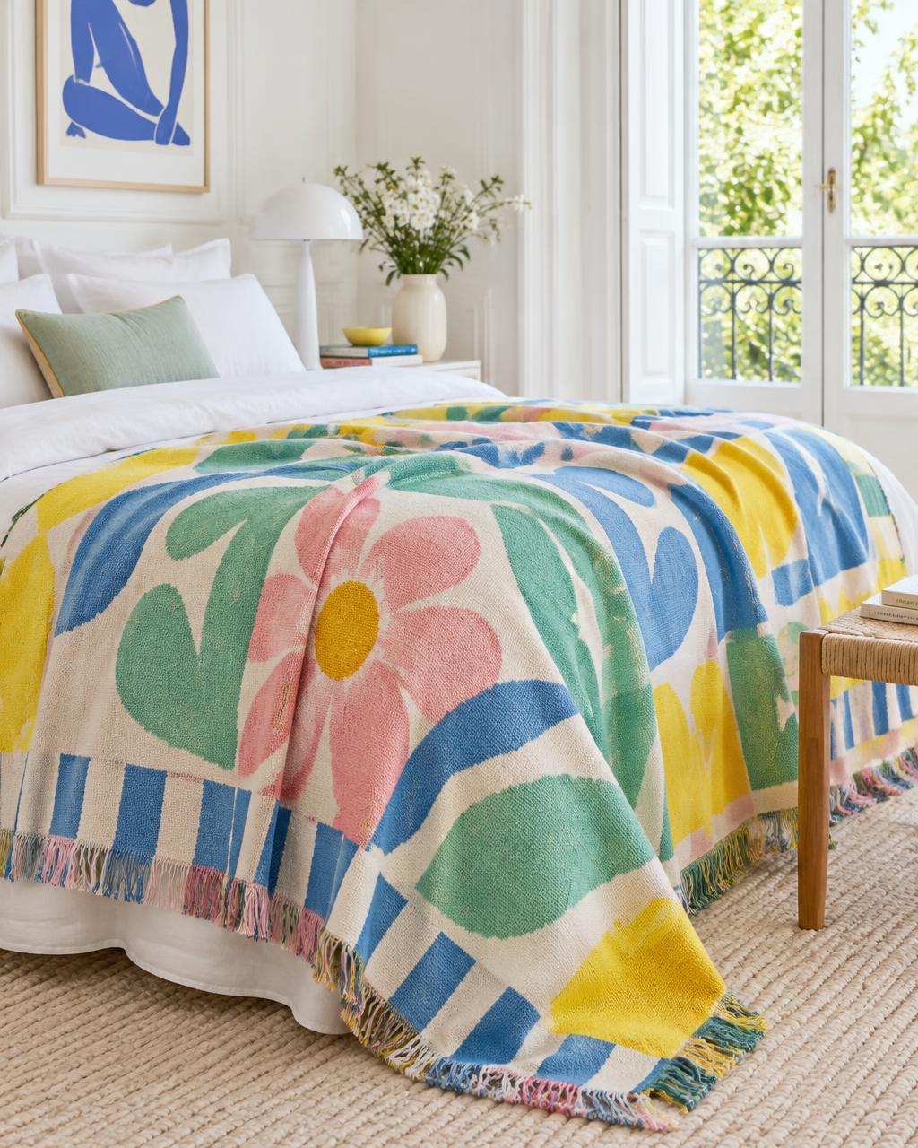 A woven throw with a bold pink, blue, mint and yellow pattern draped over a white bed