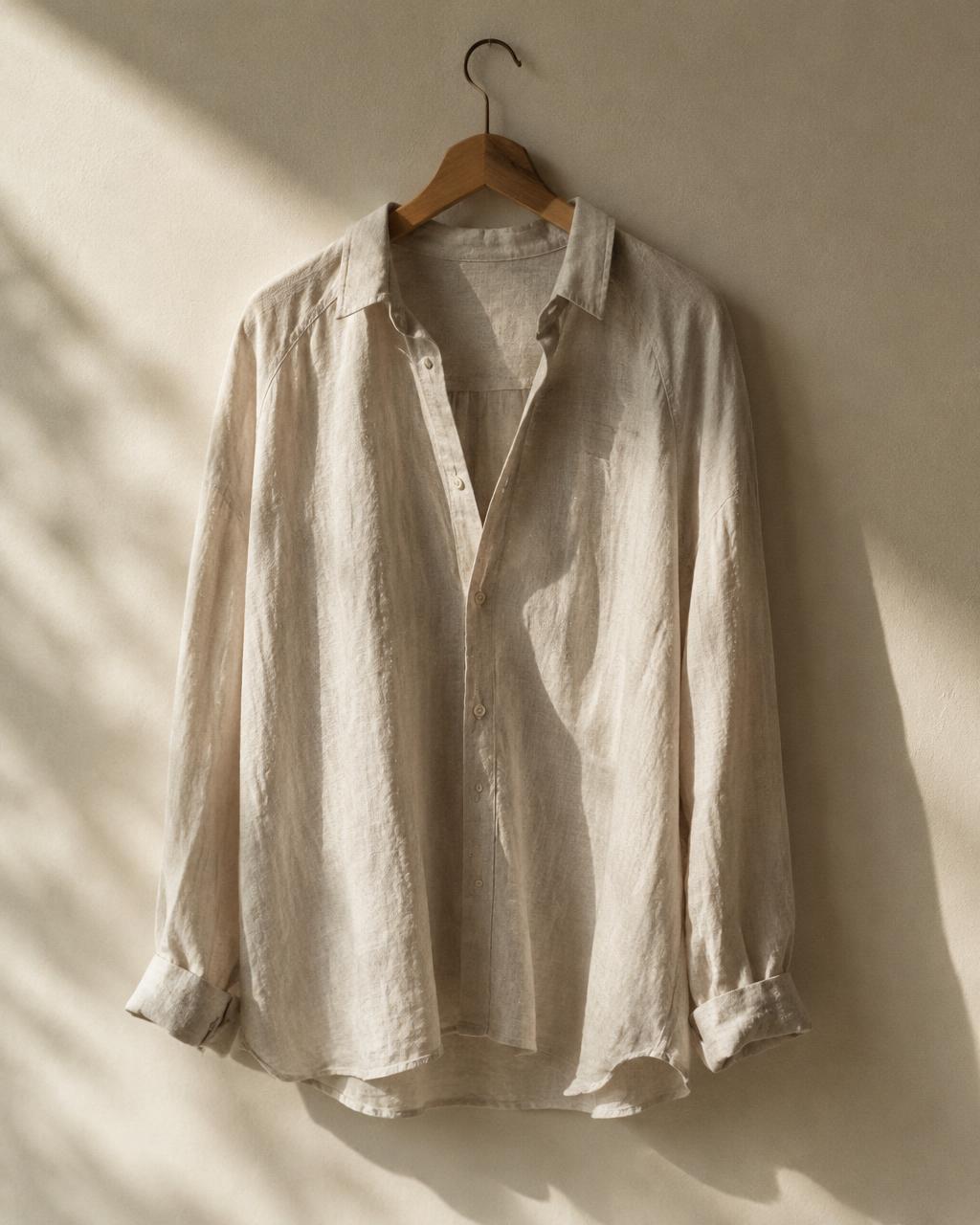 A loose natural linen shirt on a wooden hanger against a warm ivory wall